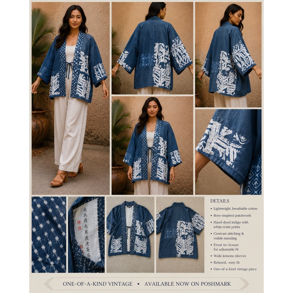 Vintage Indigo Blue Boro Patchwork Kimono Jacket Cotton Hand Dyed Resist Print